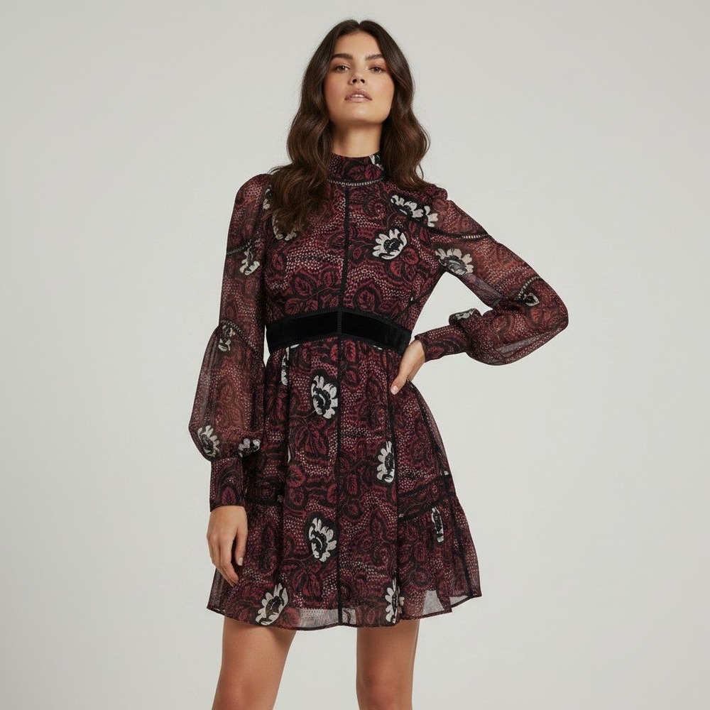 Ted Baker Coriey Red Floral Ladder Trim High Neck Mini Dress Size 1 US XS NEW